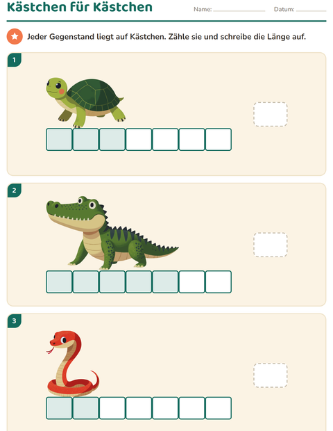 Vorschau: Messen-Arbeitsblatt mit Reptilien und Amphibien für 1. Klasse