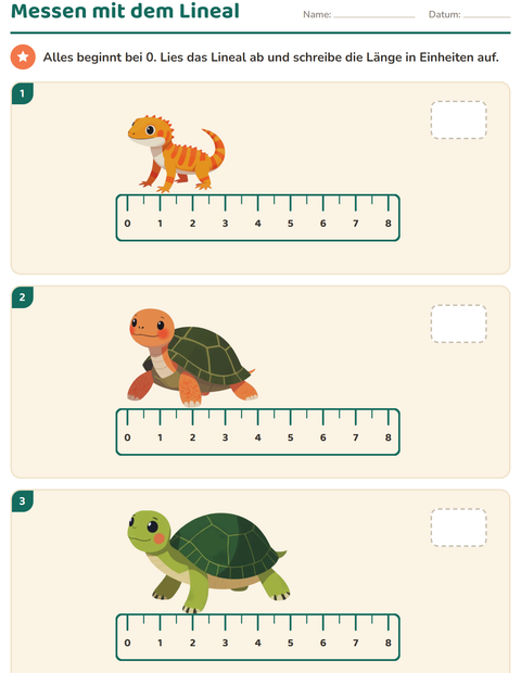 Vorschau: Messen-Arbeitsblatt mit Reptilien und Amphibien für 2. Klasse