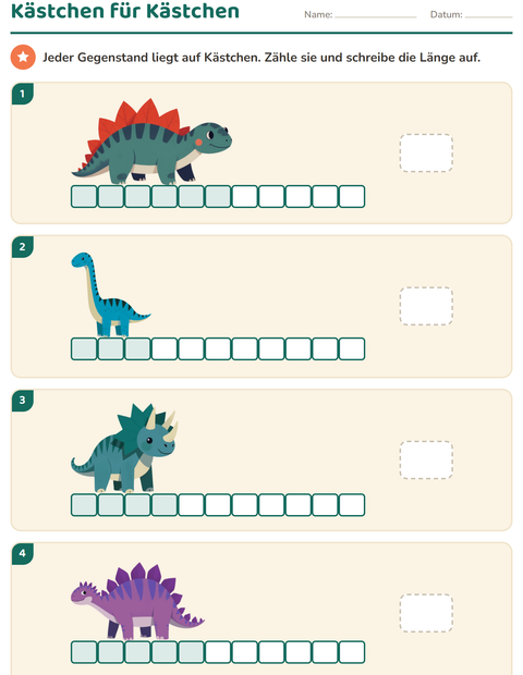 Vorschau: Messen-Arbeitsblatt mit Dinosaurier für 1. Klasse