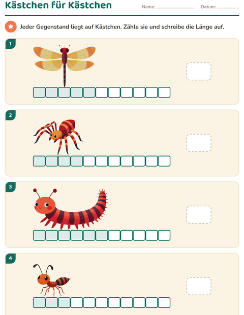 Vorschau: Messen-Arbeitsblatt mit Insekten und Käfer für 1. Klasse