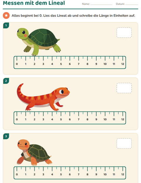 Vorschau: Messen-Arbeitsblatt mit Reptilien und Amphibien für 2. Klasse