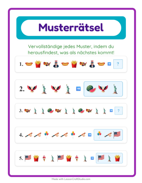 Vorschau: Musterarbeitsblatt-Arbeitsblatt mit 4. Juli für 1. Klasse