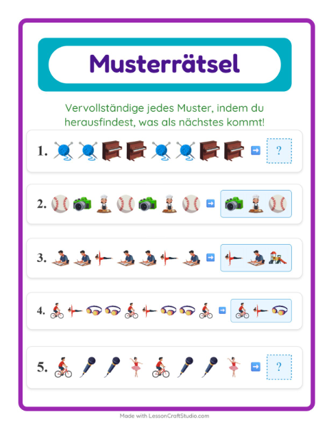 Vorschau: Musterarbeitsblatt-Arbeitsblatt mit Aktivitäten für 1. Klasse