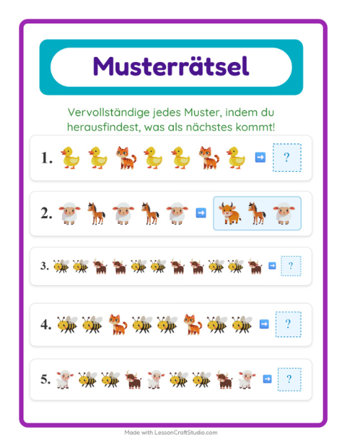 Vorschau: Musterarbeitsblatt-Arbeitsblatt mit Bauernhoftiere für 1. Klasse