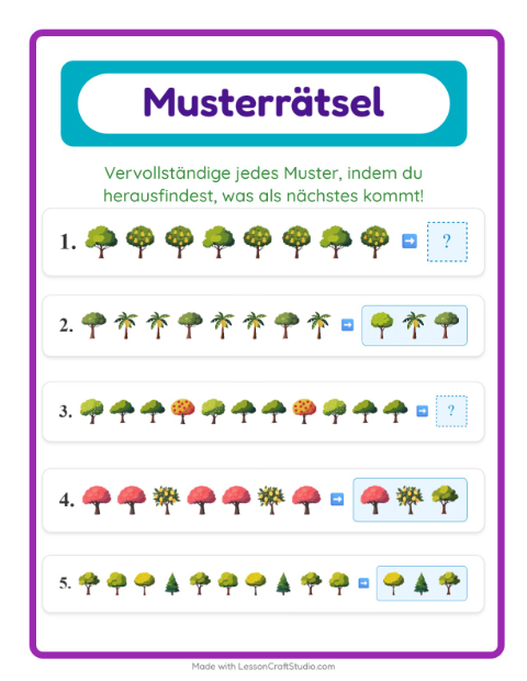 Vorschau: Musterarbeitsblatt-Arbeitsblatt mit Bäume für 1. Klasse
