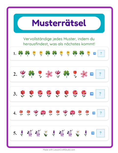 Vorschau: Musterarbeitsblatt-Arbeitsblatt mit Blumen für 1. Klasse