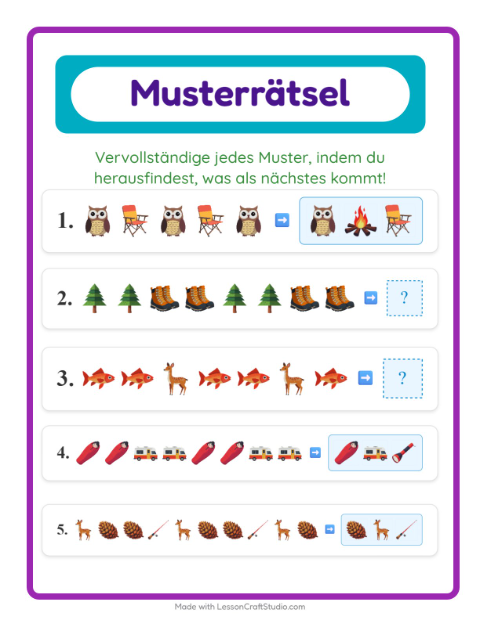 Vorschau: Musterarbeitsblatt-Arbeitsblatt mit Camping für 1. Klasse