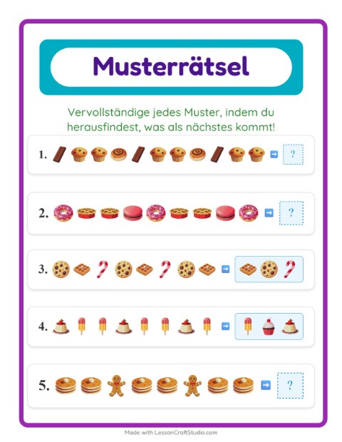 Vorschau: Musterarbeitsblatt-Arbeitsblatt mit Desserts und Süßigkeiten für 1. Klasse