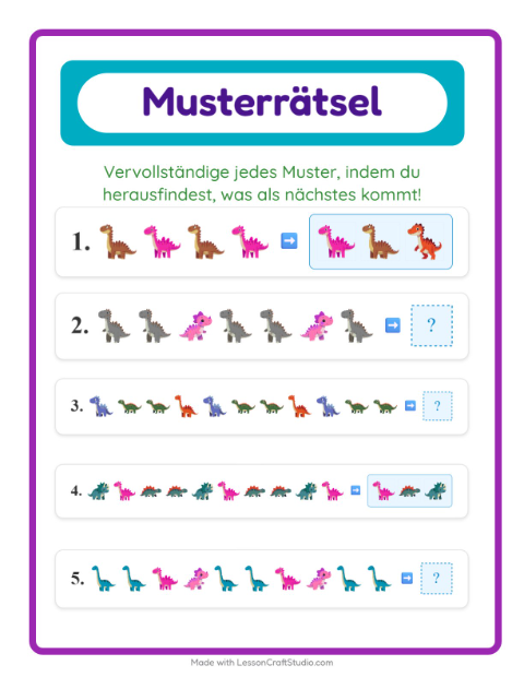 Vorschau: Musterarbeitsblatt-Arbeitsblatt mit Dinosaurier für 1. Klasse