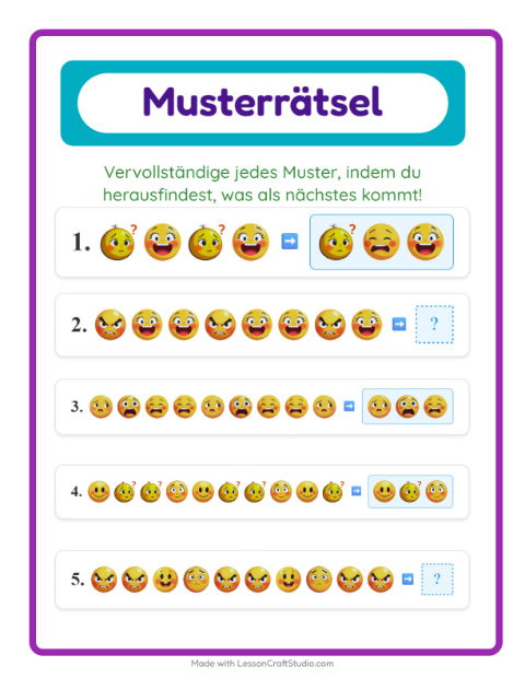 Vorschau: Musterarbeitsblatt-Arbeitsblatt mit Emotionen für 1. Klasse