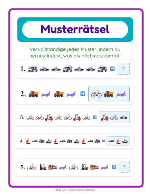 Vorschau: Musterarbeitsblatt-Arbeitsblatt mit Fahrzeuge für 1. Klasse