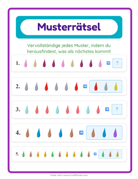 Vorschau: Musterarbeitsblatt-Arbeitsblatt mit Farben für 1. Klasse