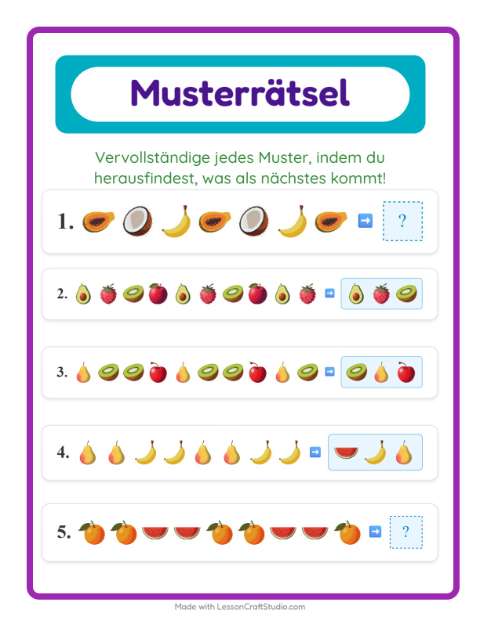 Vorschau: Musterarbeitsblatt-Arbeitsblatt mit Früchte für 1. Klasse