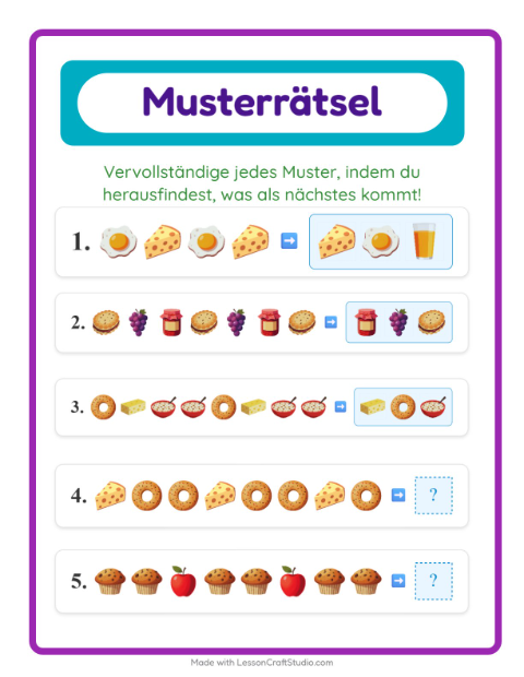 Vorschau: Musterarbeitsblatt-Arbeitsblatt mit Frühstück für 1. Klasse