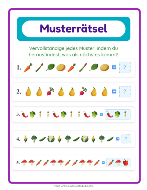 Vorschau: Musterarbeitsblatt-Arbeitsblatt mit Gemüse für 1. Klasse