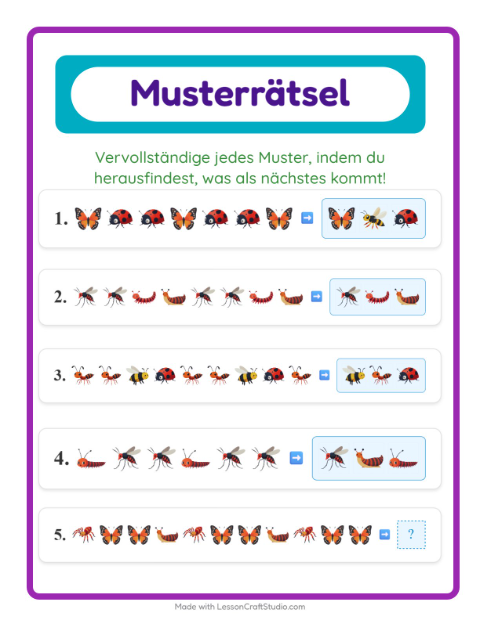 Vorschau: Musterarbeitsblatt-Arbeitsblatt mit Insekten und Käfer für 1. Klasse