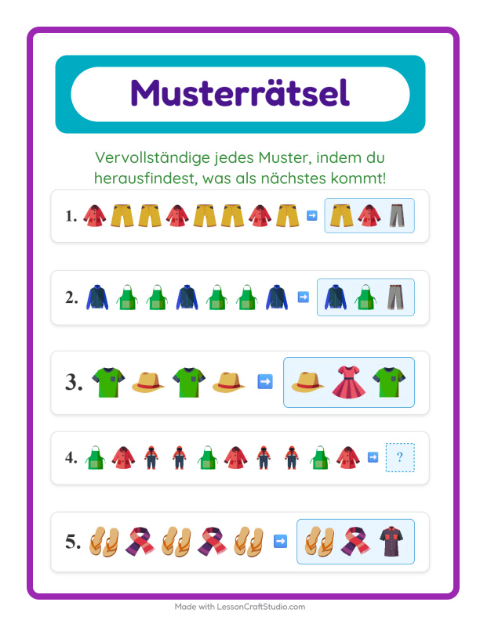 Vorschau: Musterarbeitsblatt-Arbeitsblatt mit Kleidung für 1. Klasse