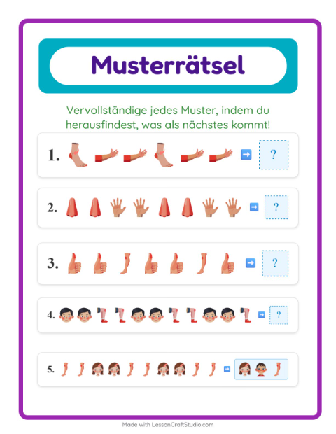Vorschau: Musterarbeitsblatt-Arbeitsblatt mit Körperteile für 1. Klasse