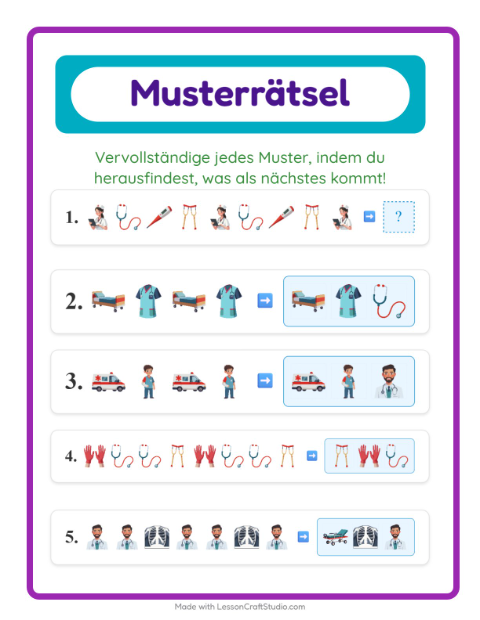 Vorschau: Musterarbeitsblatt-Arbeitsblatt mit Krankenhaus für 1. Klasse