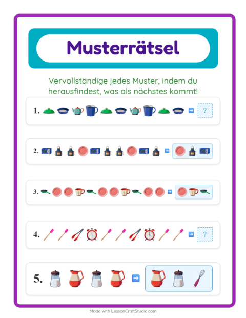 Vorschau: Musterarbeitsblatt-Arbeitsblatt mit Küchenwerkzeuge für 1. Klasse
