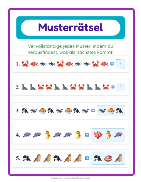 Vorschau: Musterarbeitsblatt-Arbeitsblatt mit Meeresleben für 1. Klasse