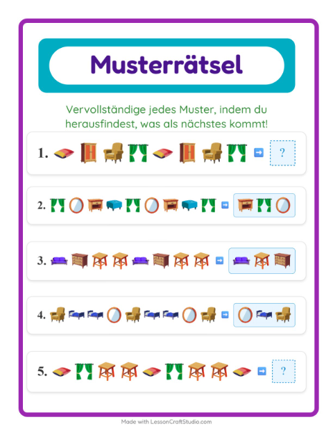 Vorschau: Musterarbeitsblatt-Arbeitsblatt mit Möbel für 1. Klasse