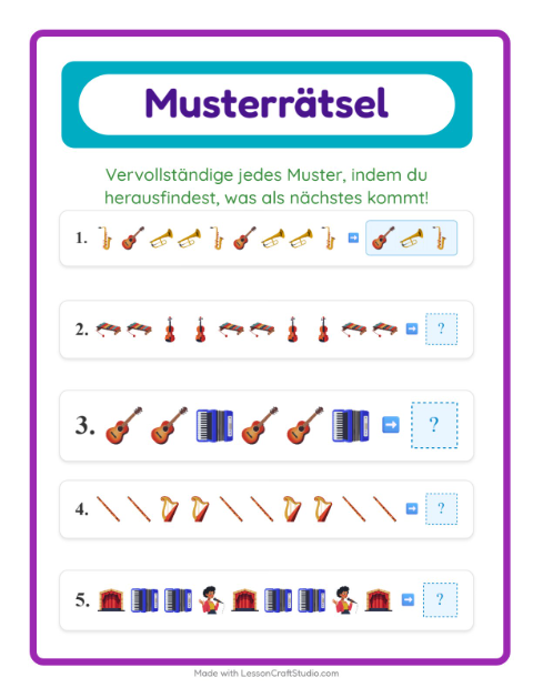 Vorschau: Musterarbeitsblatt-Arbeitsblatt mit Musik für 1. Klasse
