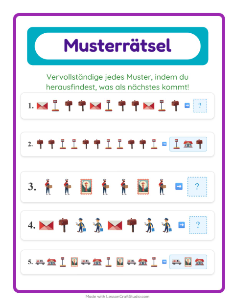 Vorschau: Musterarbeitsblatt-Arbeitsblatt mit Postamt für 1. Klasse