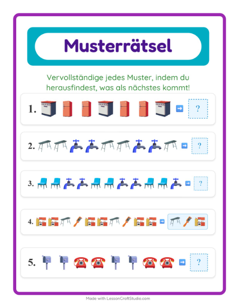 Vorschau: Musterarbeitsblatt-Arbeitsblatt mit Rund ums Haus für 1. Klasse