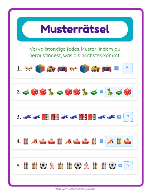 Vorschau: Musterarbeitsblatt-Arbeitsblatt mit Spielzeug für 1. Klasse