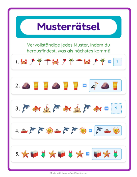 Vorschau: Musterarbeitsblatt-Arbeitsblatt mit Strand für 1. Klasse