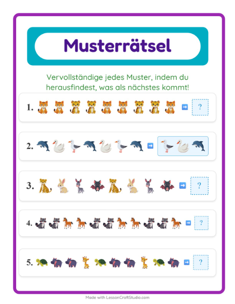 Vorschau: Musterarbeitsblatt-Arbeitsblatt mit Tiere für 1. Klasse