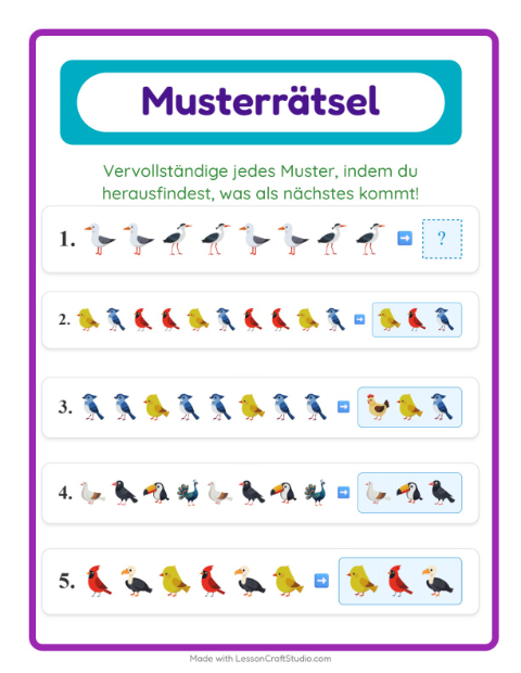 Vorschau: Musterarbeitsblatt-Arbeitsblatt mit Vögel 2 für 1. Klasse
