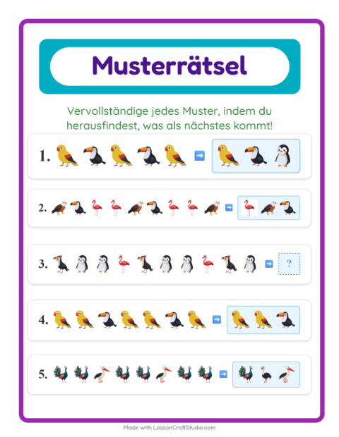 Vorschau: Musterarbeitsblatt-Arbeitsblatt mit Vögel für 1. Klasse