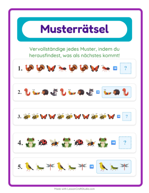 Vorschau: Musterarbeitsblatt-Arbeitsblatt mit Waldtiere für 1. Klasse
