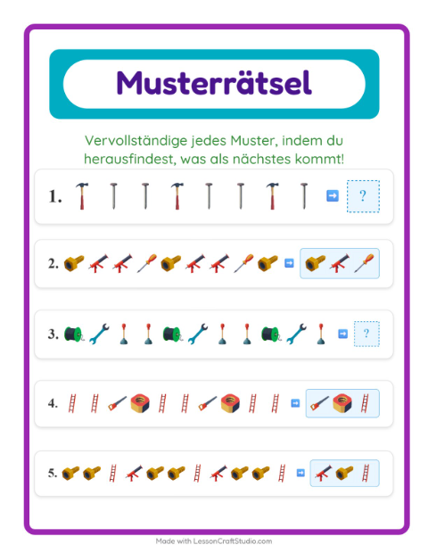 Vorschau: Musterarbeitsblatt-Arbeitsblatt mit Werkzeuge für 1. Klasse
