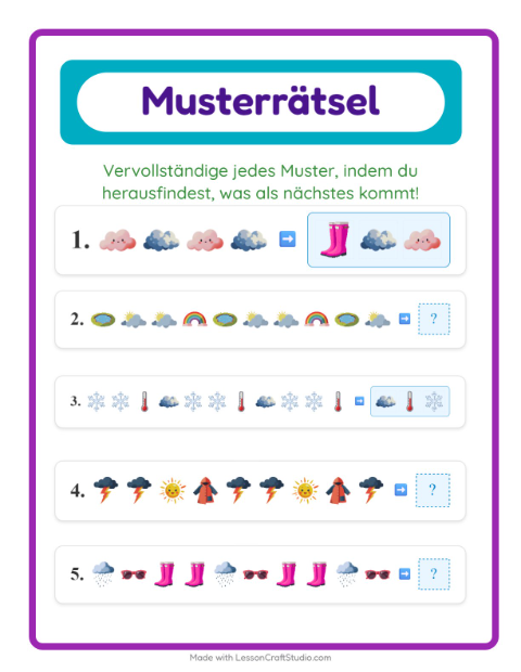 Vorschau: Musterarbeitsblatt-Arbeitsblatt mit Wetter für 1. Klasse