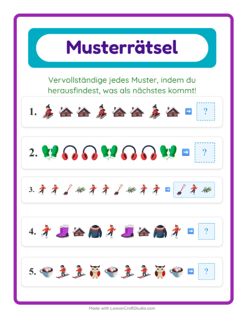 Vorschau: Musterarbeitsblatt-Arbeitsblatt mit Winter für 1. Klasse