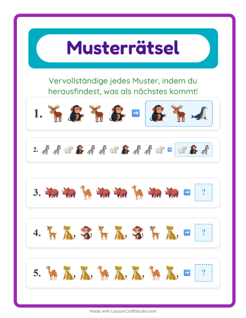 Vorschau: Musterarbeitsblatt-Arbeitsblatt mit Zootiere für 1. Klasse