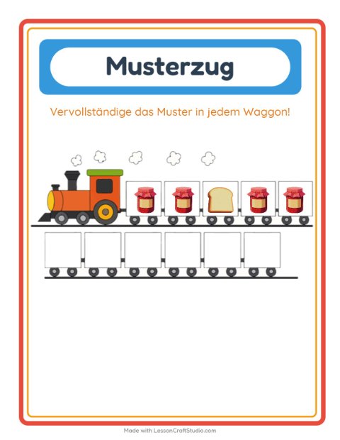 Vorschau: Musterzug-Arbeitsblatt mit Frühstück für Kindergarten