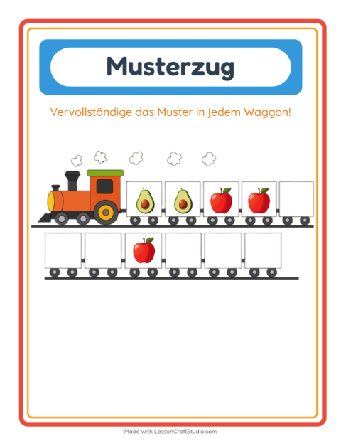 Vorschau: Musterzug-Arbeitsblatt mit Früchte für Kindergarten