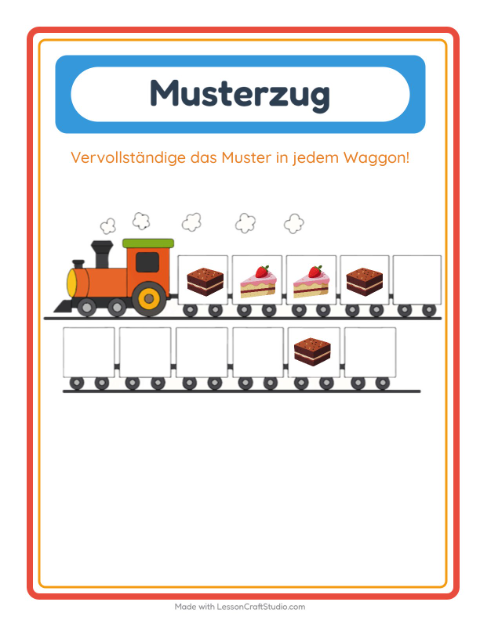 Vorschau: Musterzug-Arbeitsblatt mit Desserts und Süßigkeiten für Kindergarten