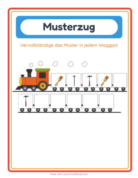 Vorschau: Musterzug-Arbeitsblatt mit Werkzeuge für Kindergarten