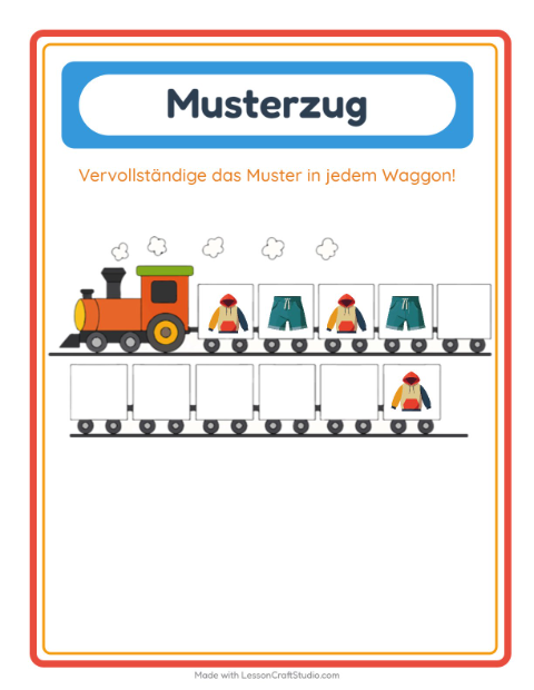 Vorschau: Musterzug-Arbeitsblatt mit Kleidung für Kindergarten