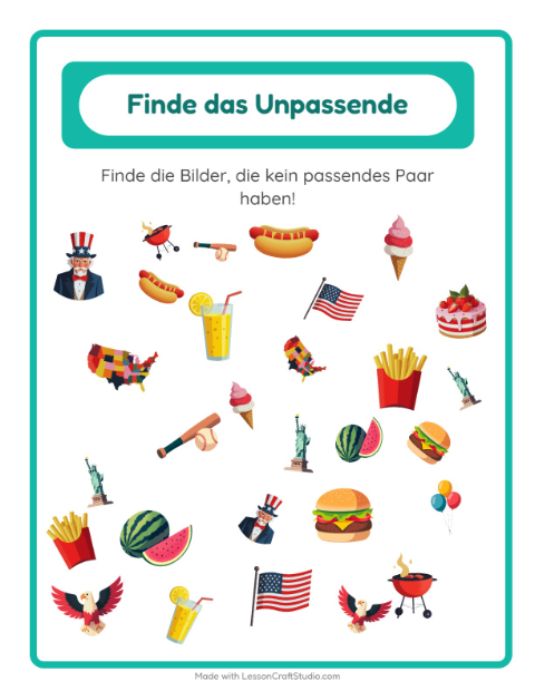 Vorschau: Objekte finden-Arbeitsblatt mit 4. Juli für Kindergarten