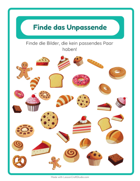 Vorschau: Objekte finden-Arbeitsblatt mit Bäckerei für Kindergarten