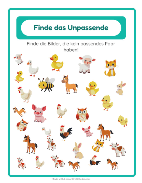 Vorschau: Objekte finden-Arbeitsblatt mit Bauernhoftiere für Kindergarten