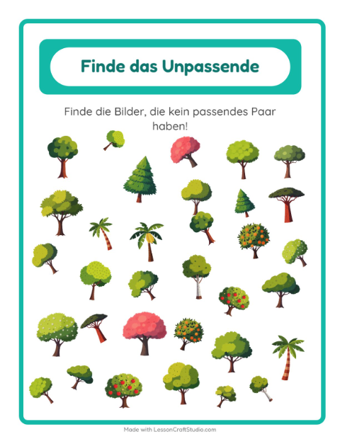 Vorschau: Objekte finden-Arbeitsblatt mit Bäume für Kindergarten