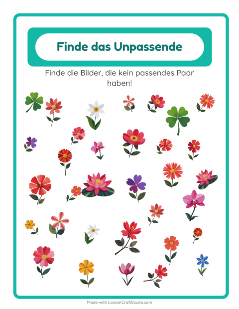 Vorschau: Objekte finden-Arbeitsblatt mit Blumen für Kindergarten