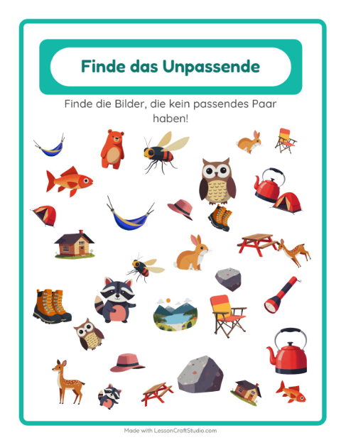 Vorschau: Objekte finden-Arbeitsblatt mit Camping für Kindergarten